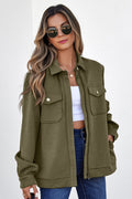 Blackish Green Solid Color Zip Up Button Flap Pocket Shirt Collar Jackets