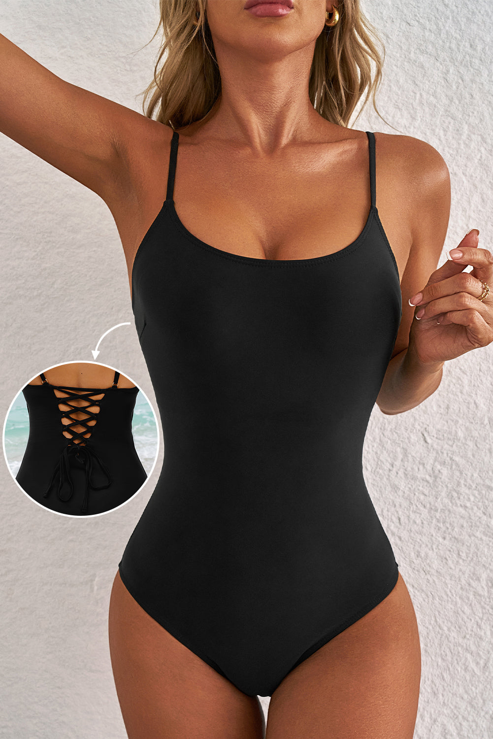 Dearlove Black Thin Strap Strappy Lace-up Open Back One Piece Swimsuit