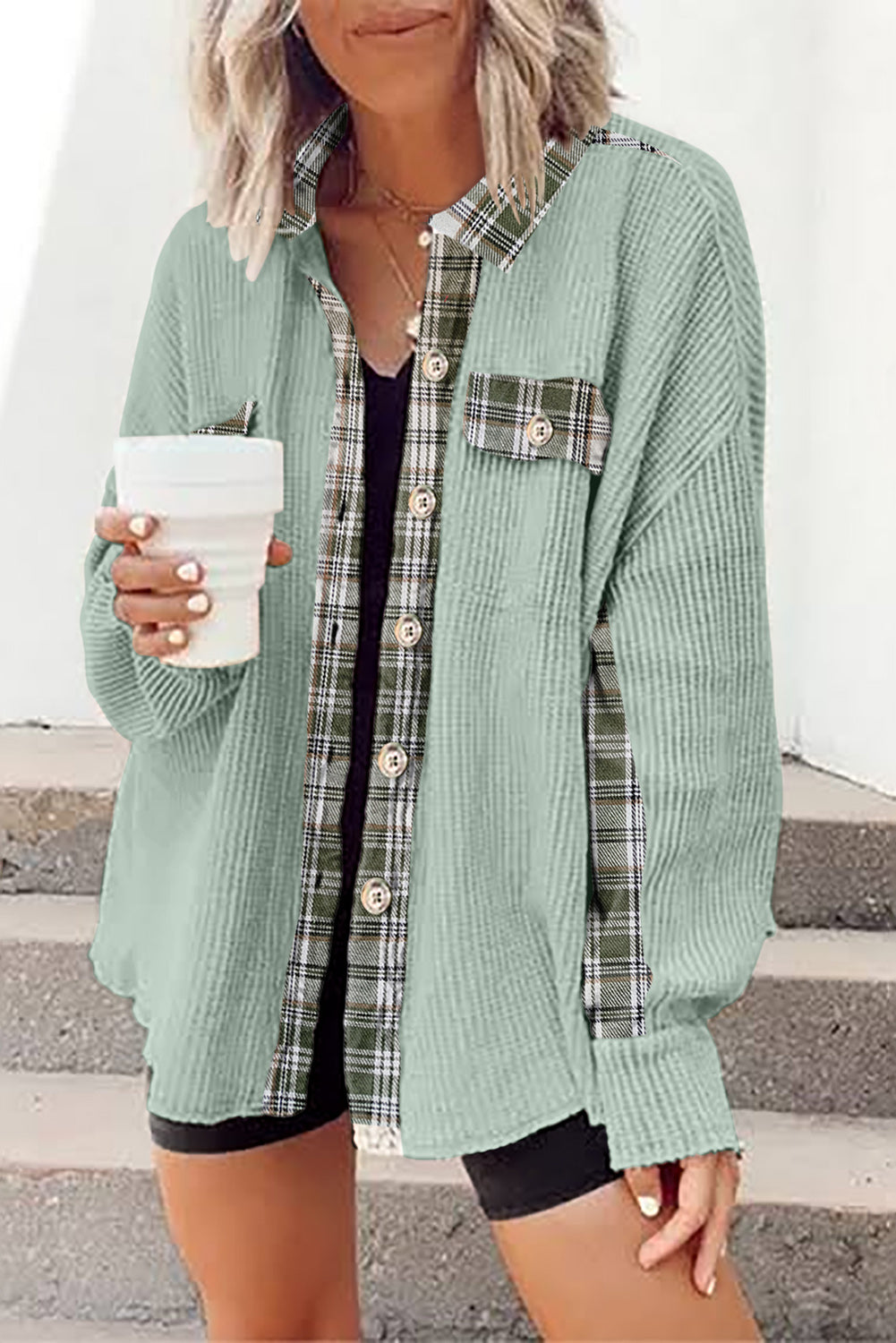 Grass Green Plaid Patchwork Waffle Thermal Knit Shacket