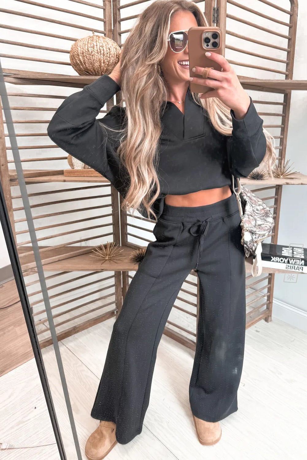 Bristol Black Collared V Neck Pullover Sweatshirt Sweatpants Set