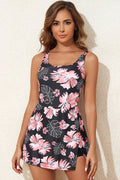 Black Floral Print Twisted Hollowed Back Swim Dress