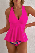 Rose V Neck Ruffled Hem Floral Bottom Tankini Set