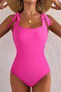 Dearlovers Rose Red Square Neck Knotted Shoulder Open Back One Piece Swimsuit