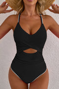 Black Ric Rac Trim Contrasted Patchwork Cutout One Piece Swimsuit
